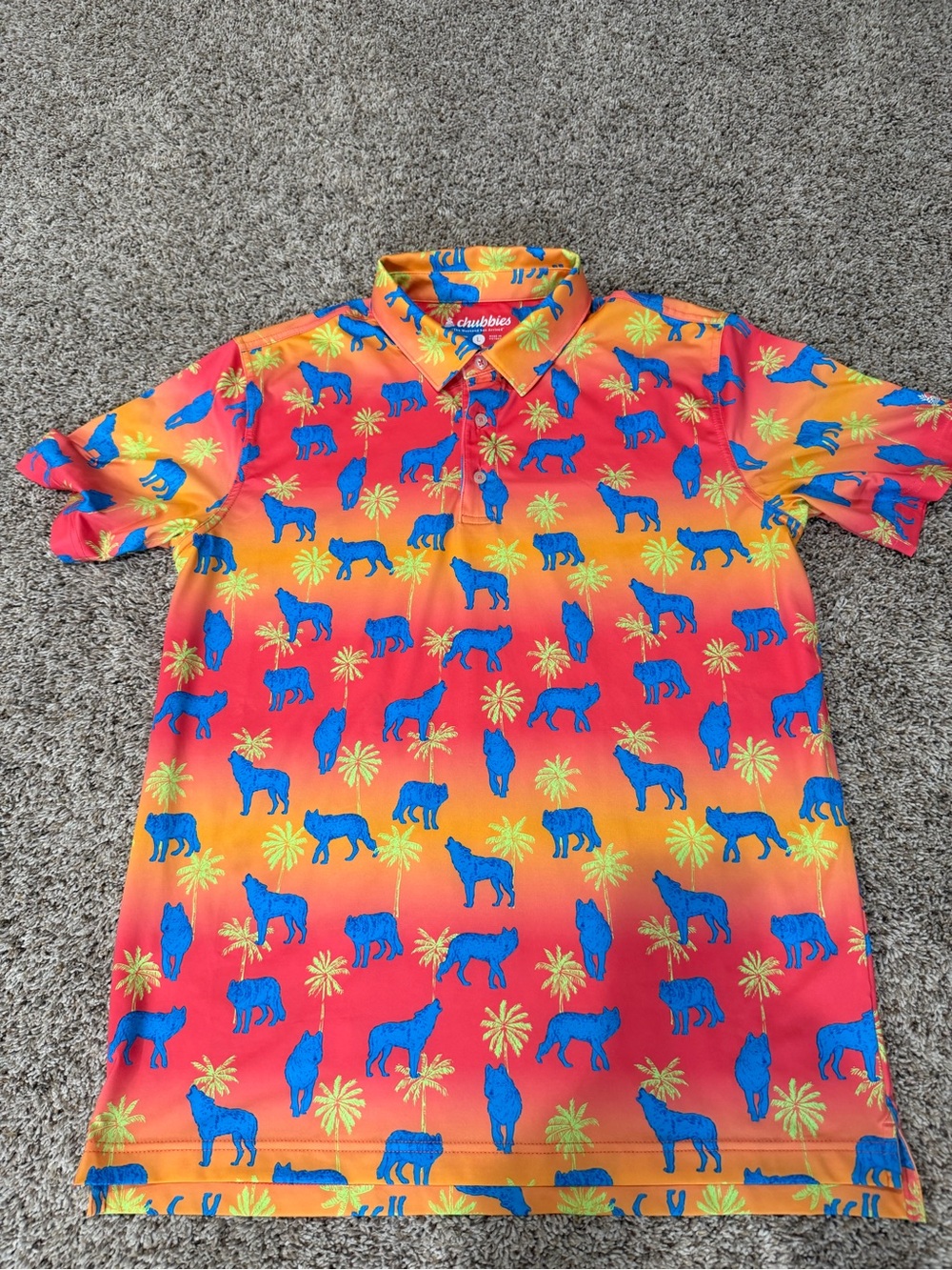 Chubbies Orange and Red Polo with Blue Wolf & Lime Palm Print Size Large
